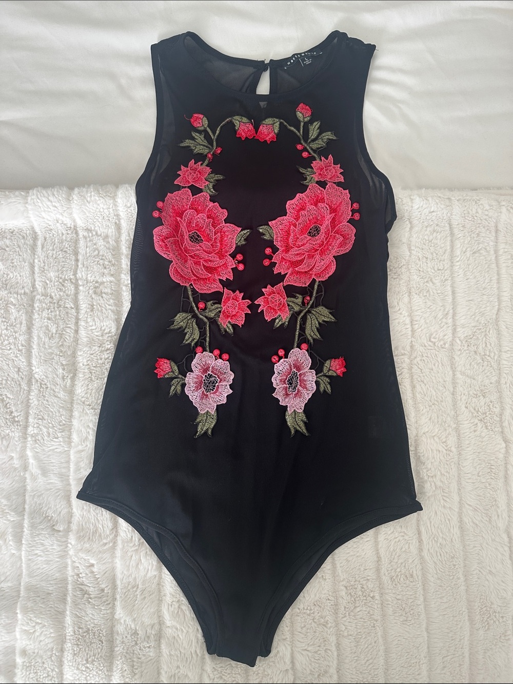 Black Floral Embroidered One-Piece Bodysuit